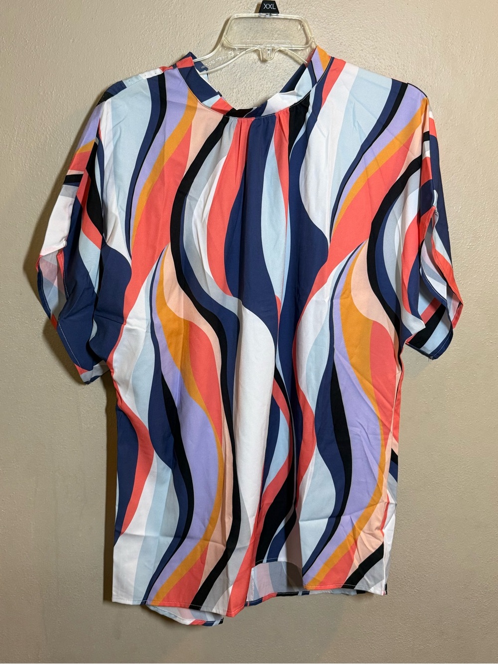 Women’s Miss Sparkling Multicolor Abstract Wave-Print Mock Neck BatwingTop Sz Lg
